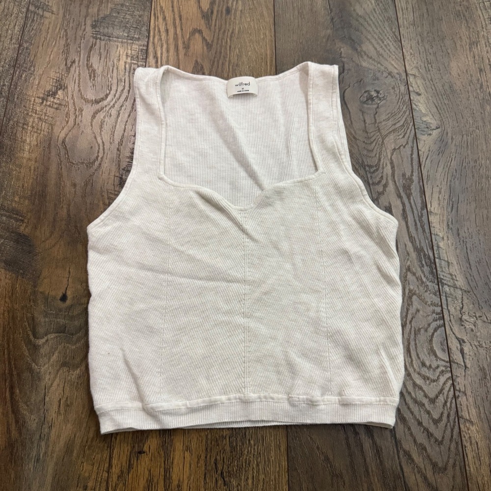 Wilfred Aritzia Cream Ribbed Sweetheart Neck Knit‎ Crop Tank Top Womens M Ballet